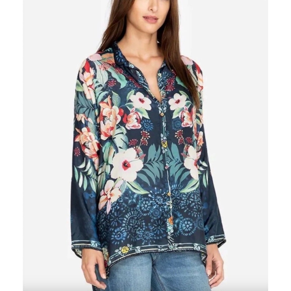 JOHNNY WAS Nelia Floral Tropical Print Button-Front Long Sleeve Silk Tunic Shirt